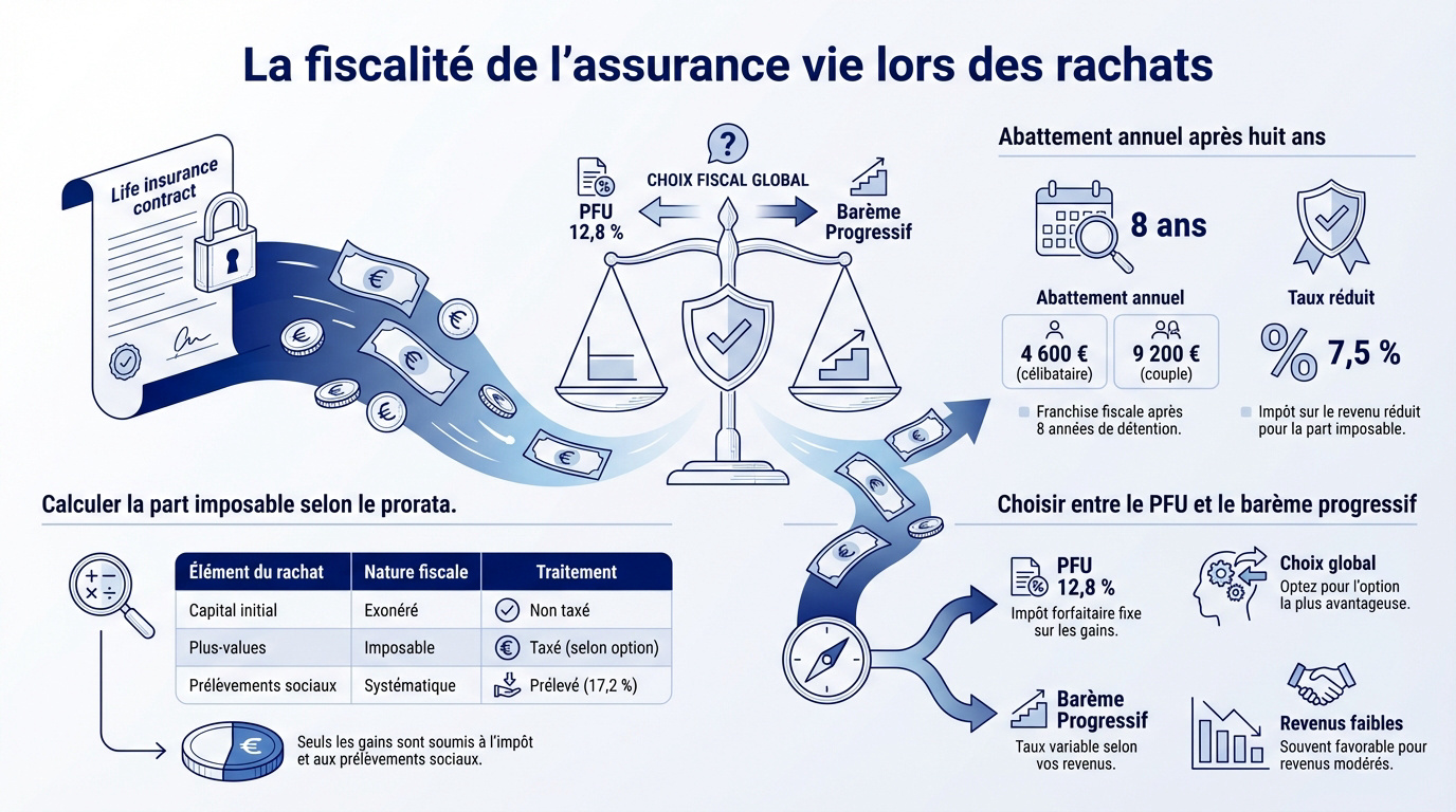 Schéma explicatif de la fiscalité de l'assurance vie lors d'un rachat