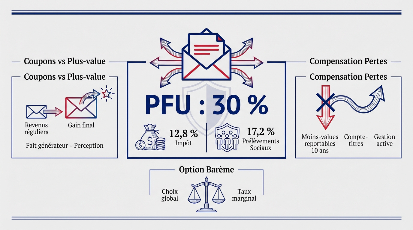 Schéma explicatif de la fiscalité des produits structurés entre coupons et plus-values