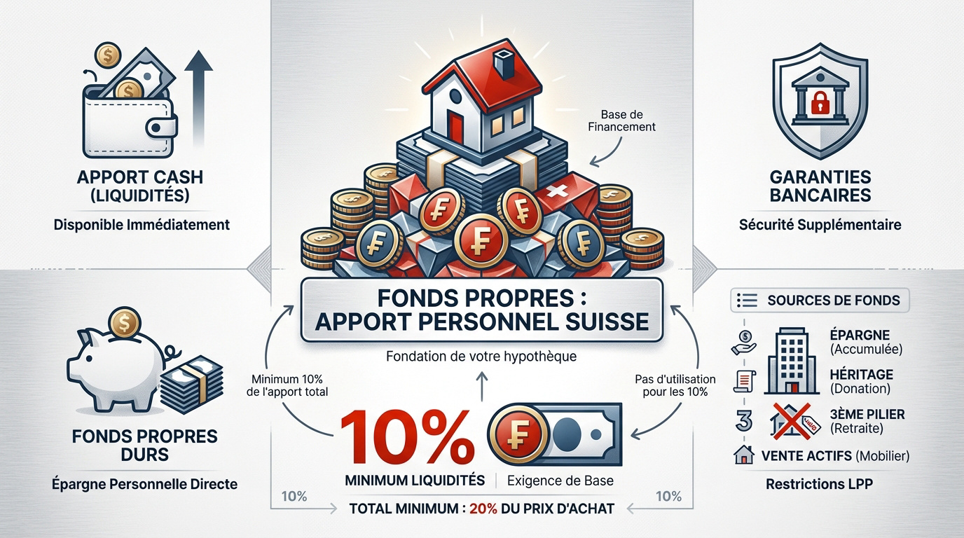 Schéma explicatif de la répartition des fonds propres pour une hypothèque en Suisse entre cash et prévoyance