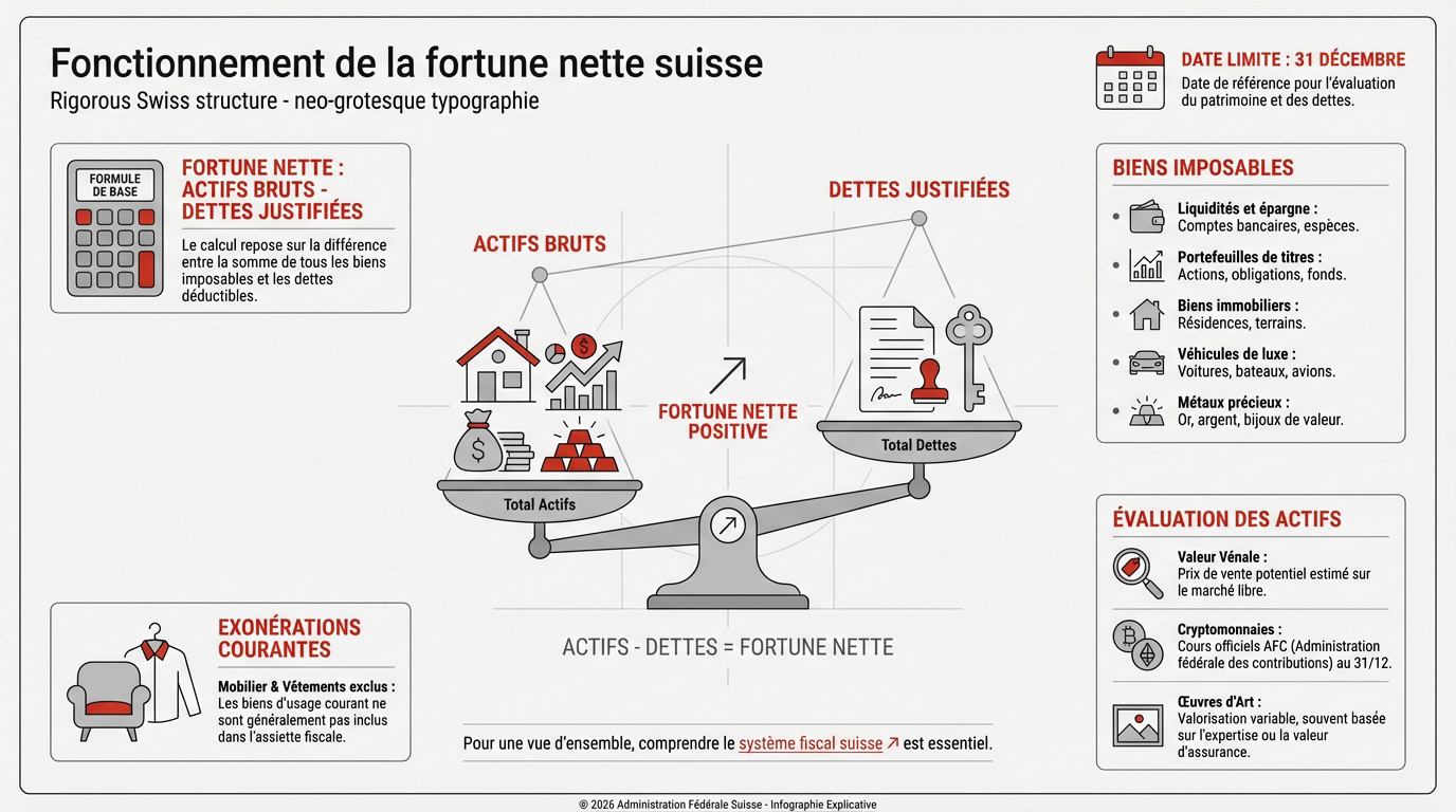 Schéma du calcul de la fortune nette en Suisse