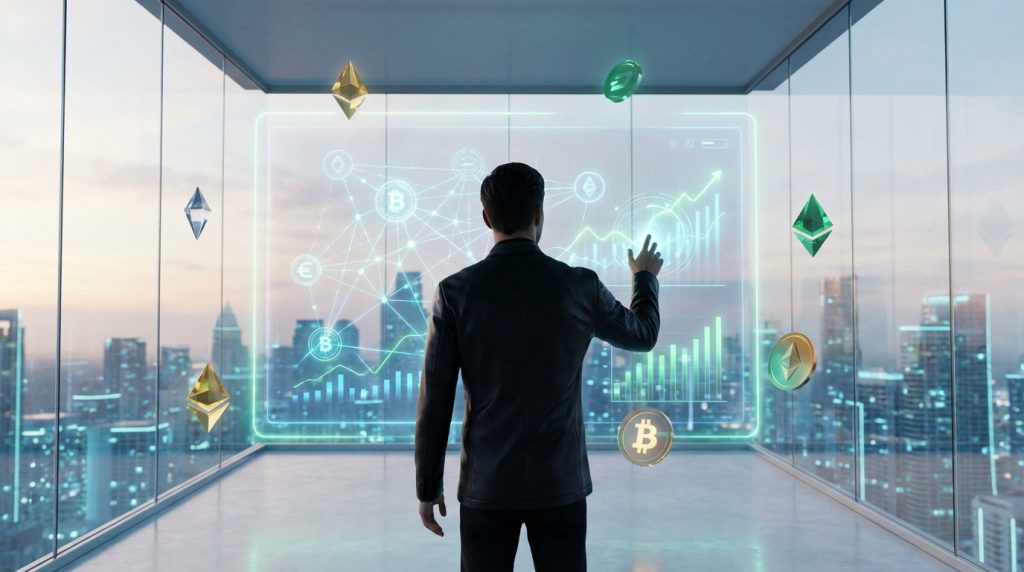 Homme face à un écran holographique de blockchain et cryptomonnaies (Bitcoin, Ethereum) dans un bureau moderne avec vue sur la ville.