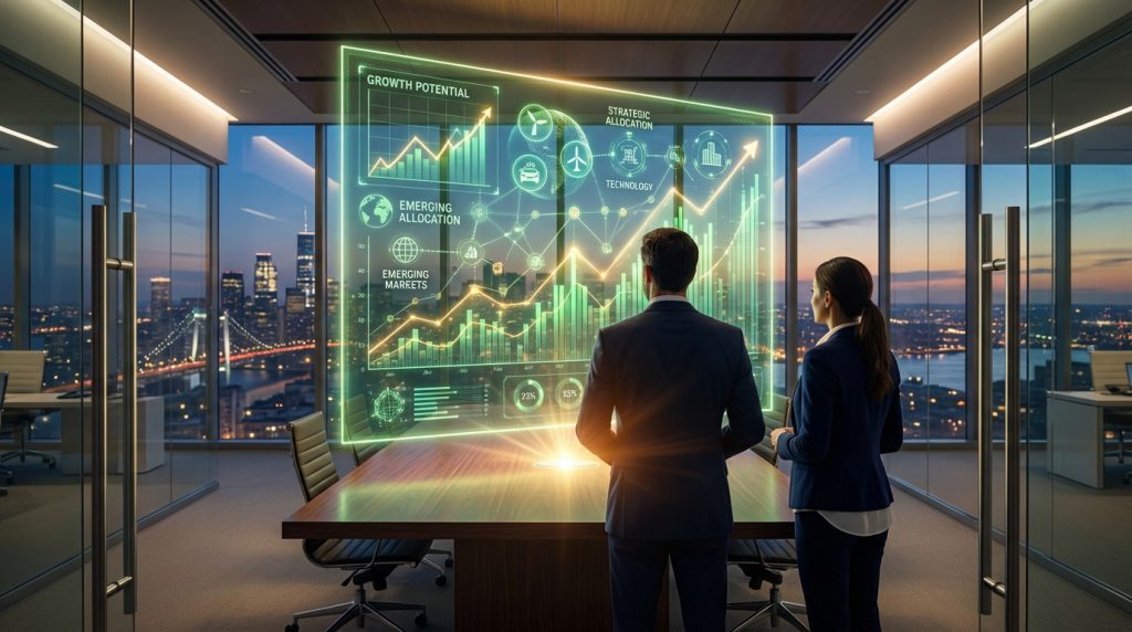 Deux cadres analysent des graphiques de croissance et d'allocation stratégique sur écran holographique en salle de réunion avec vue sur ville nocturne.