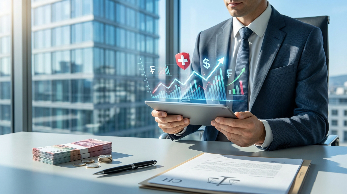 Homme d'affaires analysant graphiques financiers virtuels sur tablette, francs suisses et document juridique sur bureau.