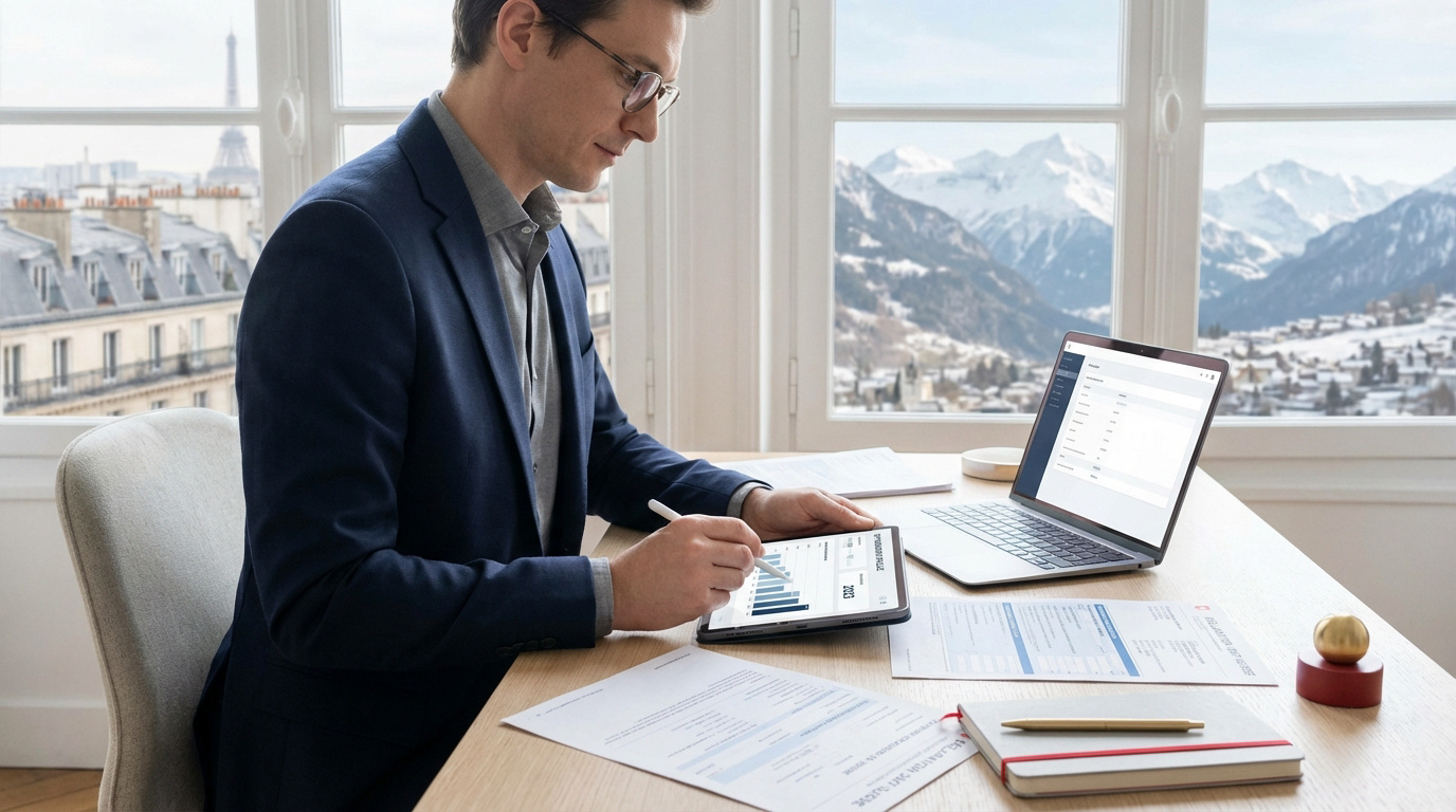 Homme en costume gère sa déclaration fiscale suisse sur tablette et ordinateur, avec vue sur les toits de Paris et les Alpes enneigées.