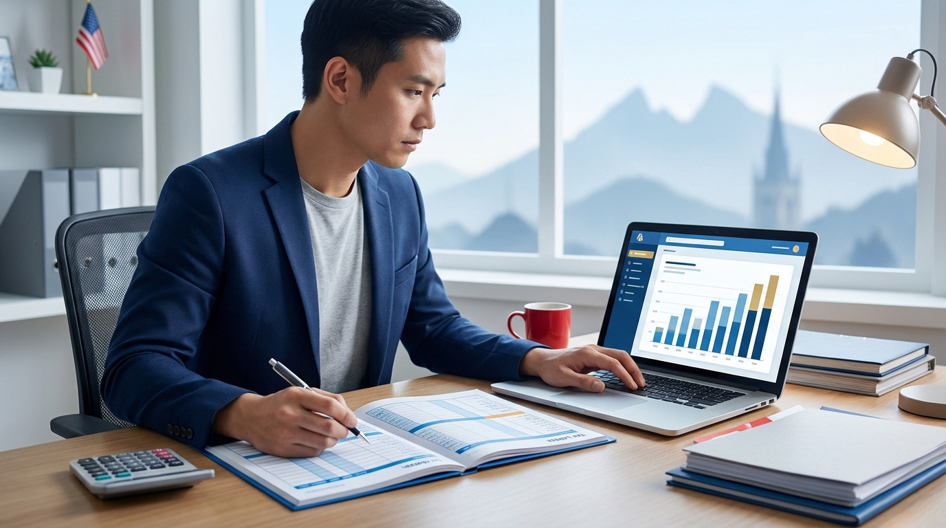 Homme concentré devant un laptop avec graphiques financiers, rédigeant des documents pour sa déclaration d'impôts.