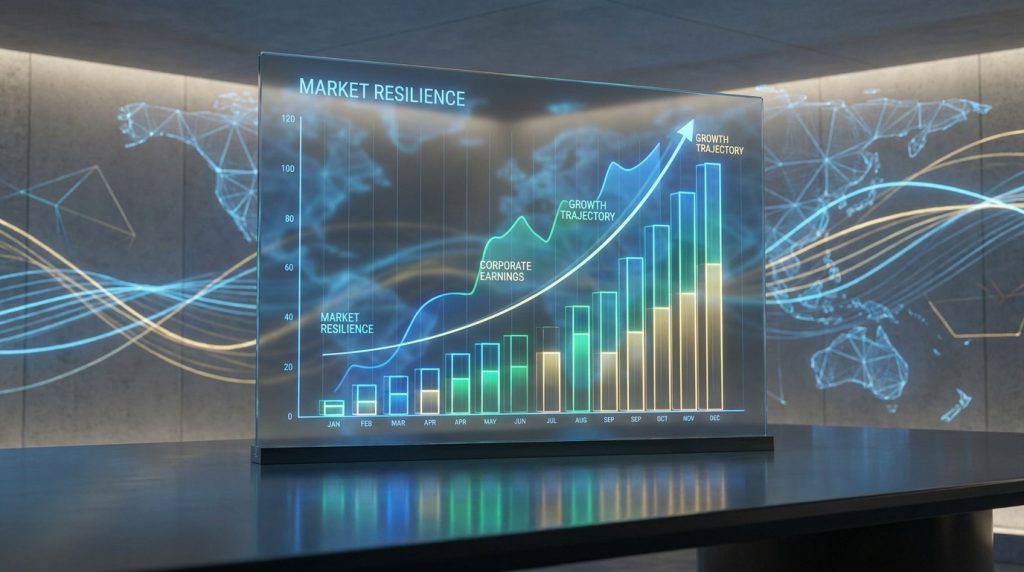 Graphique financier holographique montrant la résilience du marché, les bénéfices et une forte trajectoire de croissance sur un an.
