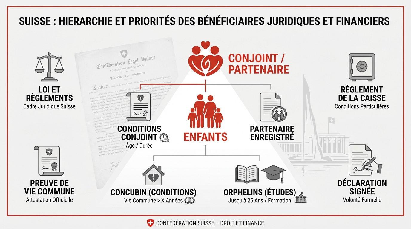 Schéma de la hiérarchie des bénéficiaires de la prévoyance professionnelle en Suisse