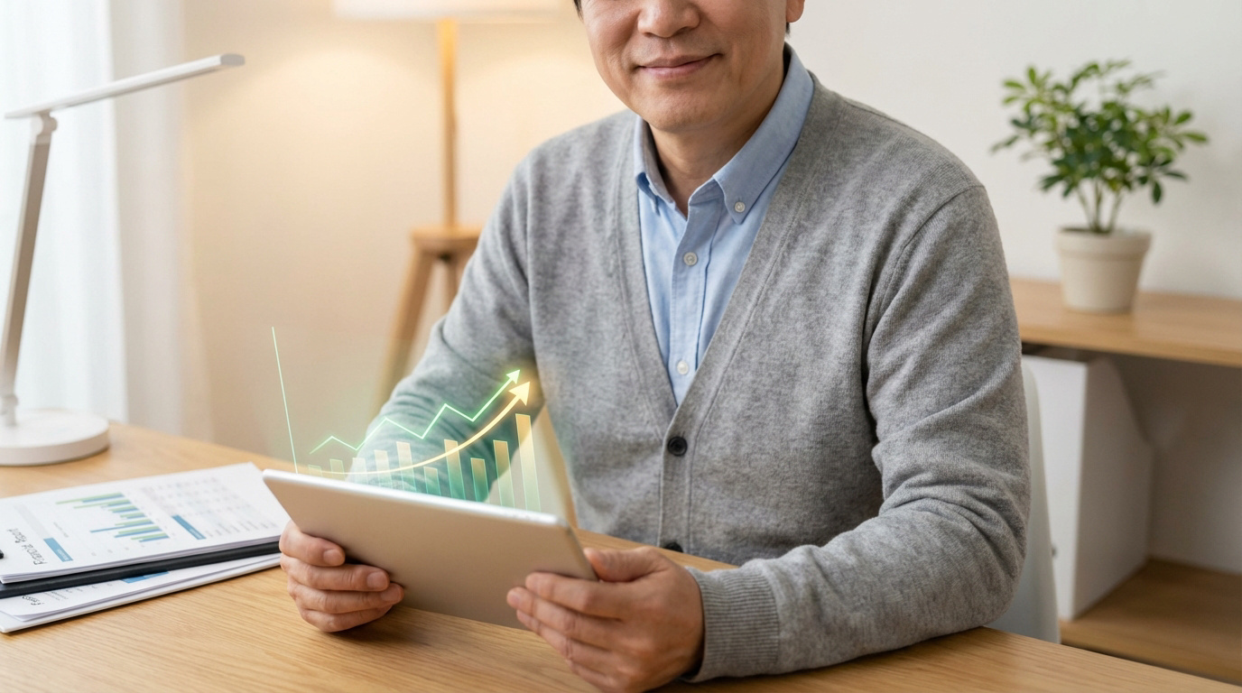 Un homme souriant consulte sa tablette affichant des graphiques de croissance financière, suggérant une optimisation pour la retraite.