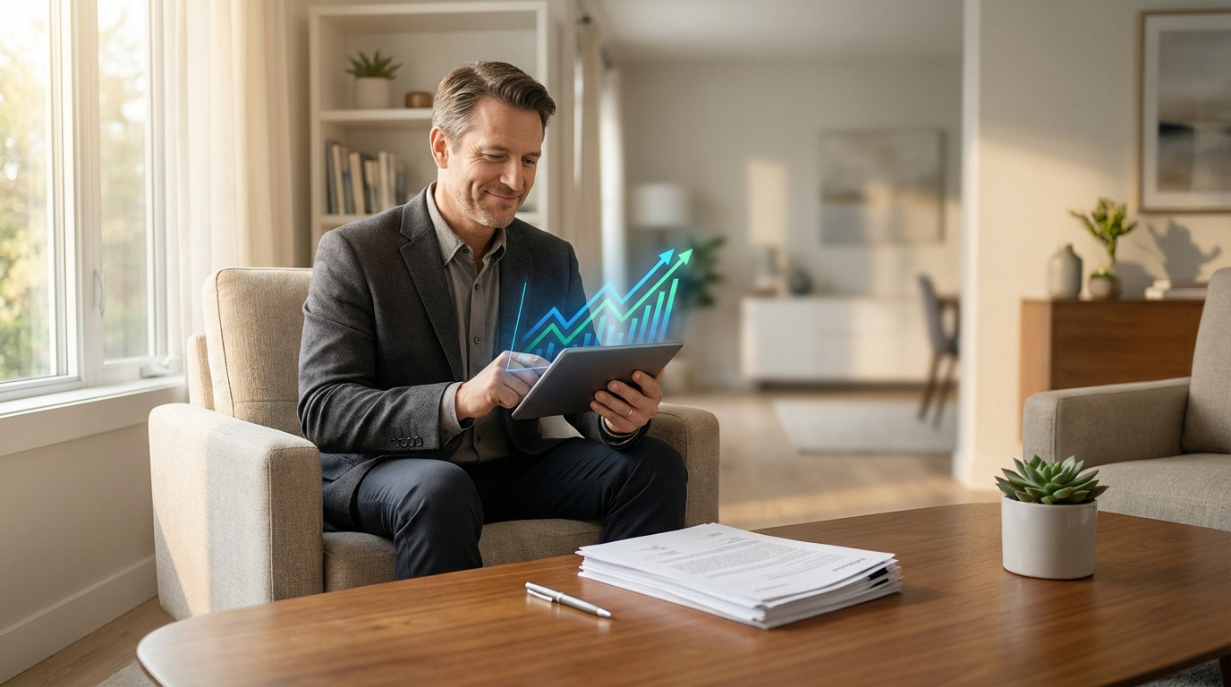 Homme en costume optimisant ses finances sur une tablette, avec des graphiques de croissance. Salon moderne et documents sur table.