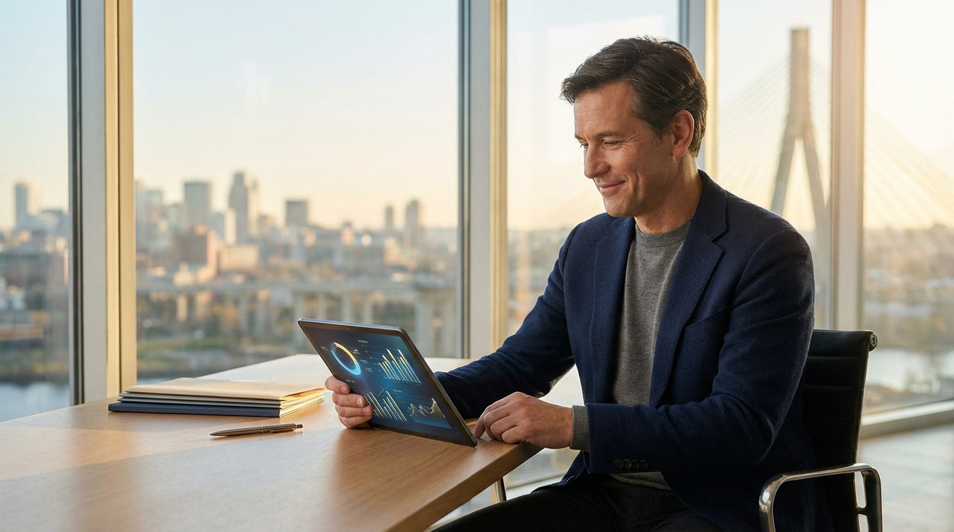 Homme souriant analysant des graphiques financiers sur une tablette dans un bureau moderne avec vue sur la ville.