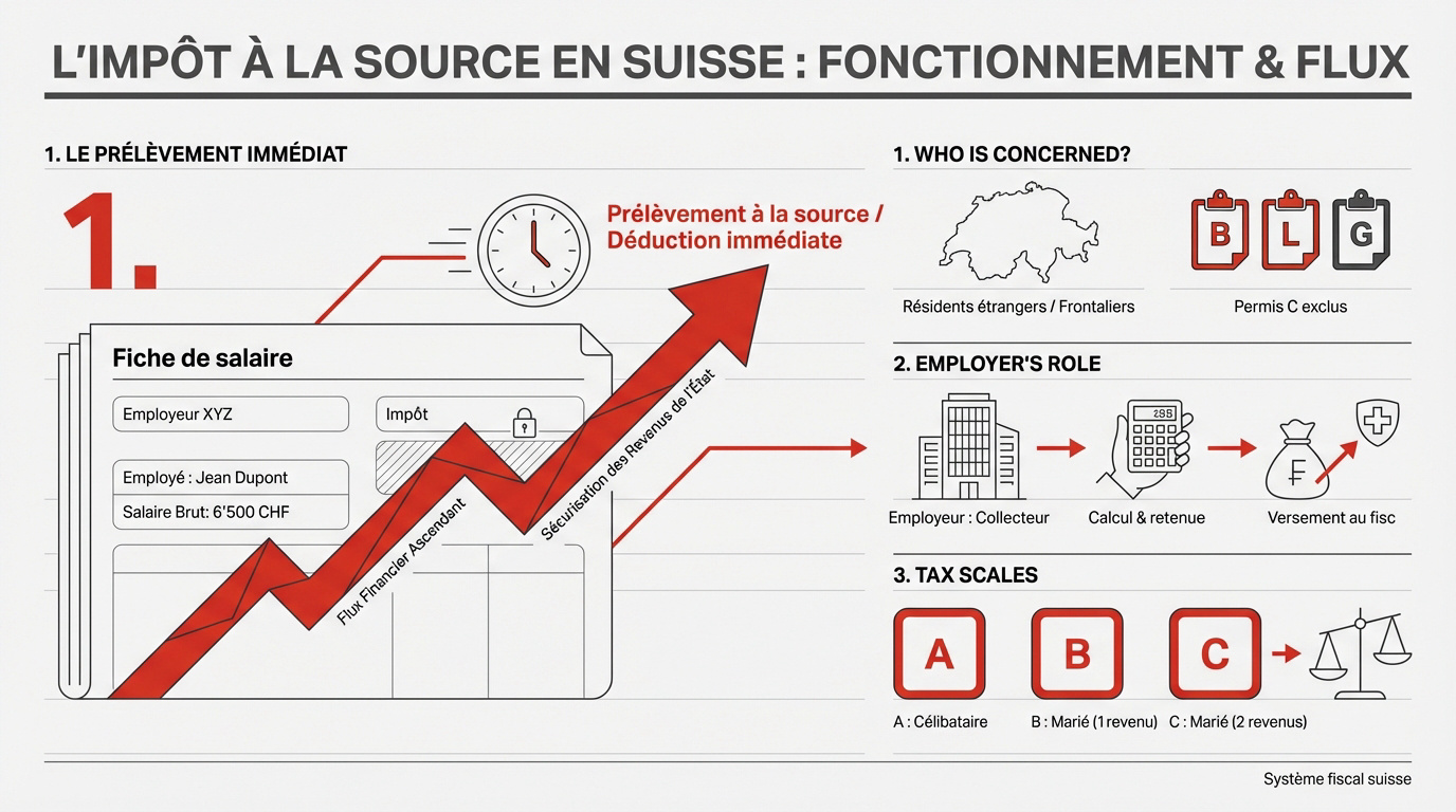 Schéma du flux de l'impôt à la source en Suisse
