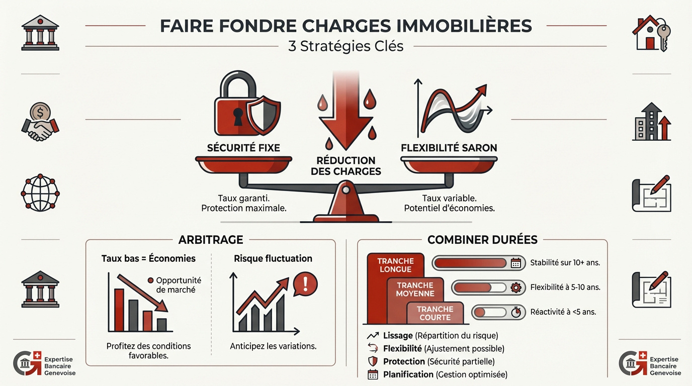 Infographie présentant trois stratégies pour réduire ses charges immobilières et optimiser son hypothèque