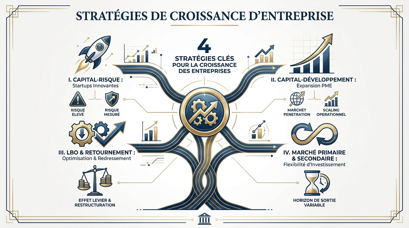 Infographie présentant les 4 stratégies clés de croissance en private equity : capital-risque, capital-développement, LBO et secondaire
