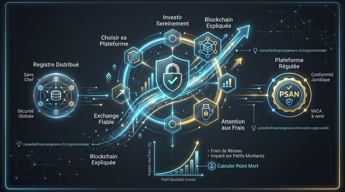 Infographie sur la sécurité, la régulation MiCA et les frais de transaction en cryptomonnaie
