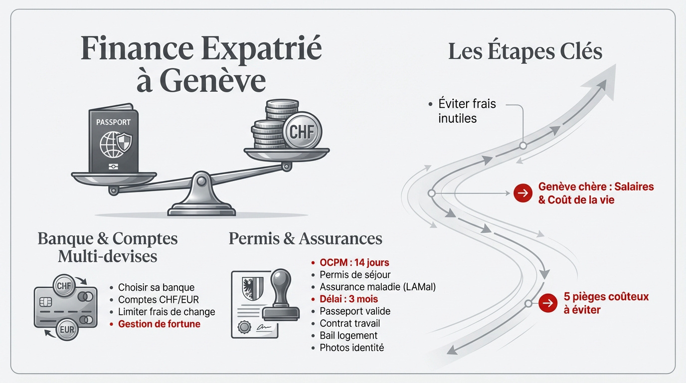 Infographie des étapes clés pour l'installation financière d'un expatrié à Genève