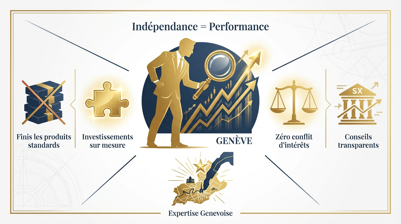 Infographie sur les avantages de l'indépendance financière et la performance à Genève