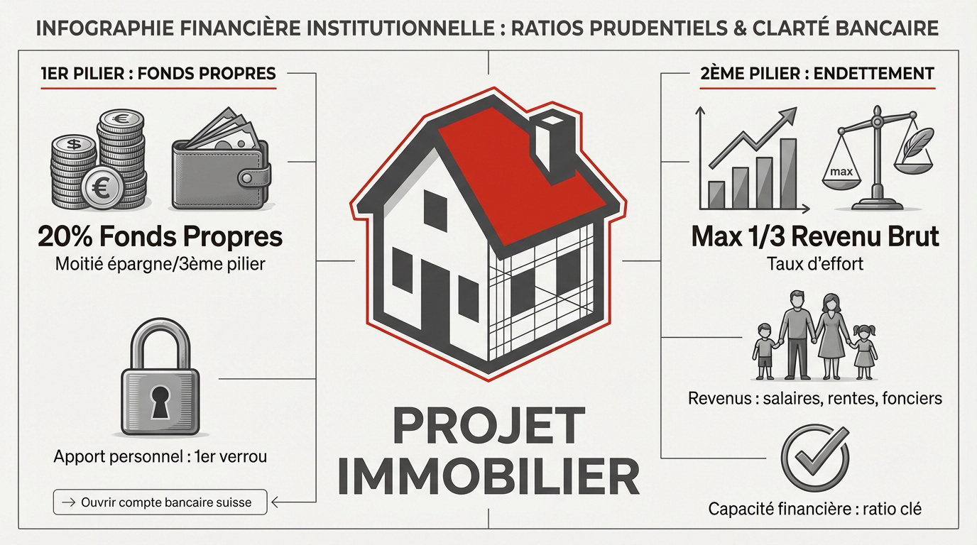 Infographie des ratios financiers pour un projet immobilier en Suisse incluant le taux d'avance et le taux d'endettement