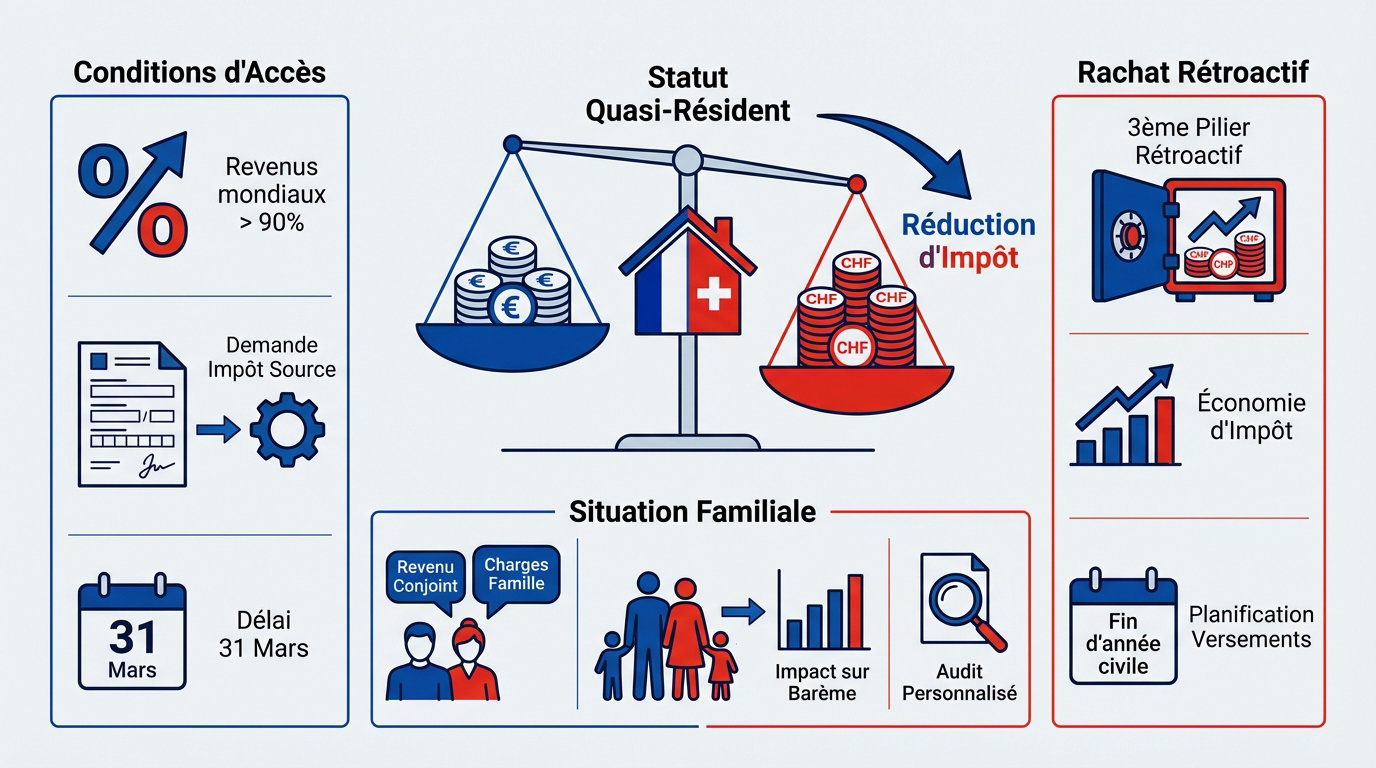 Infographie expliquant les critères et avantages du statut de quasi-résident à Genève