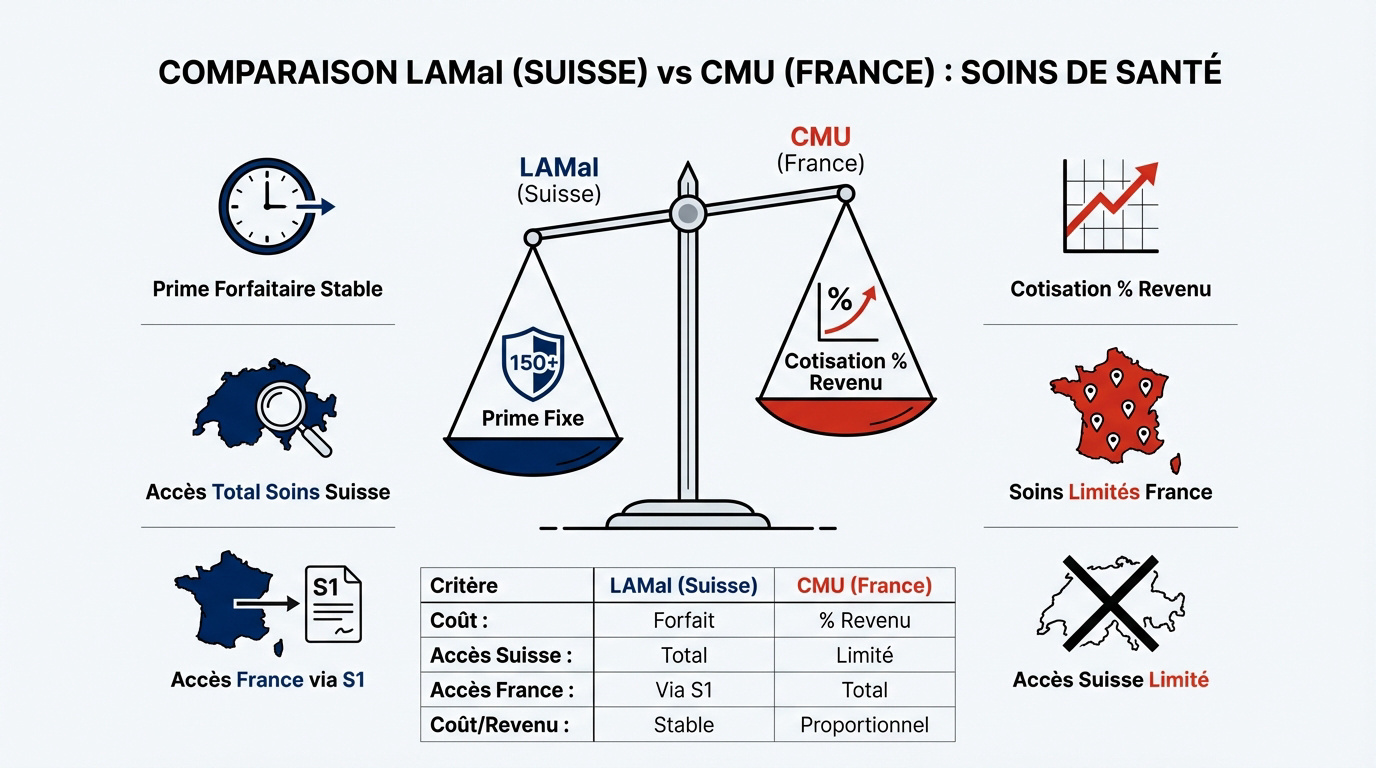 Comparaison des systèmes de soins LAMal suisse et CMU France pour frontaliers