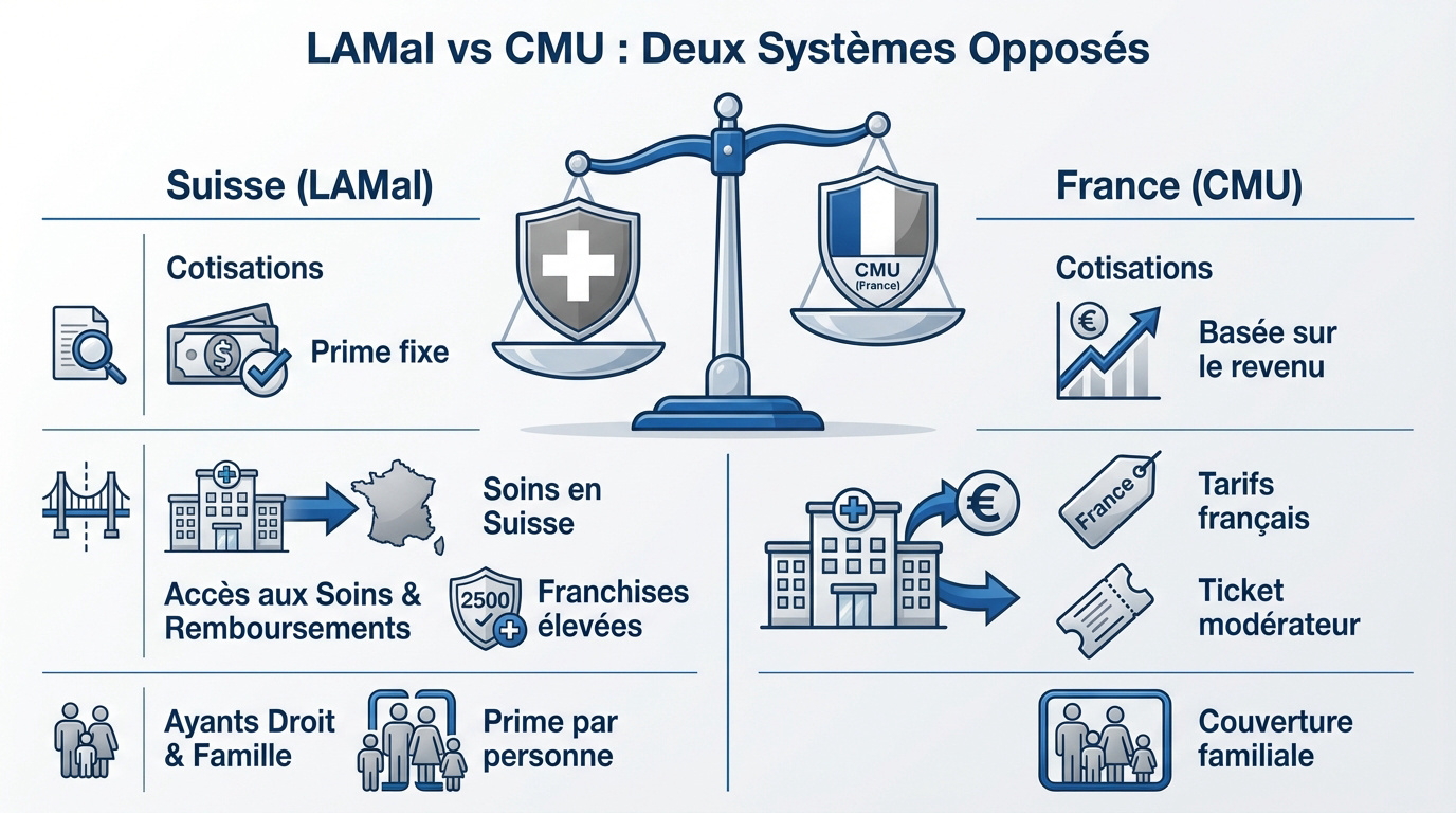 Comparaison visuelle entre les systèmes d'assurance maladie LAMal suisse et CMU française pour les frontaliers