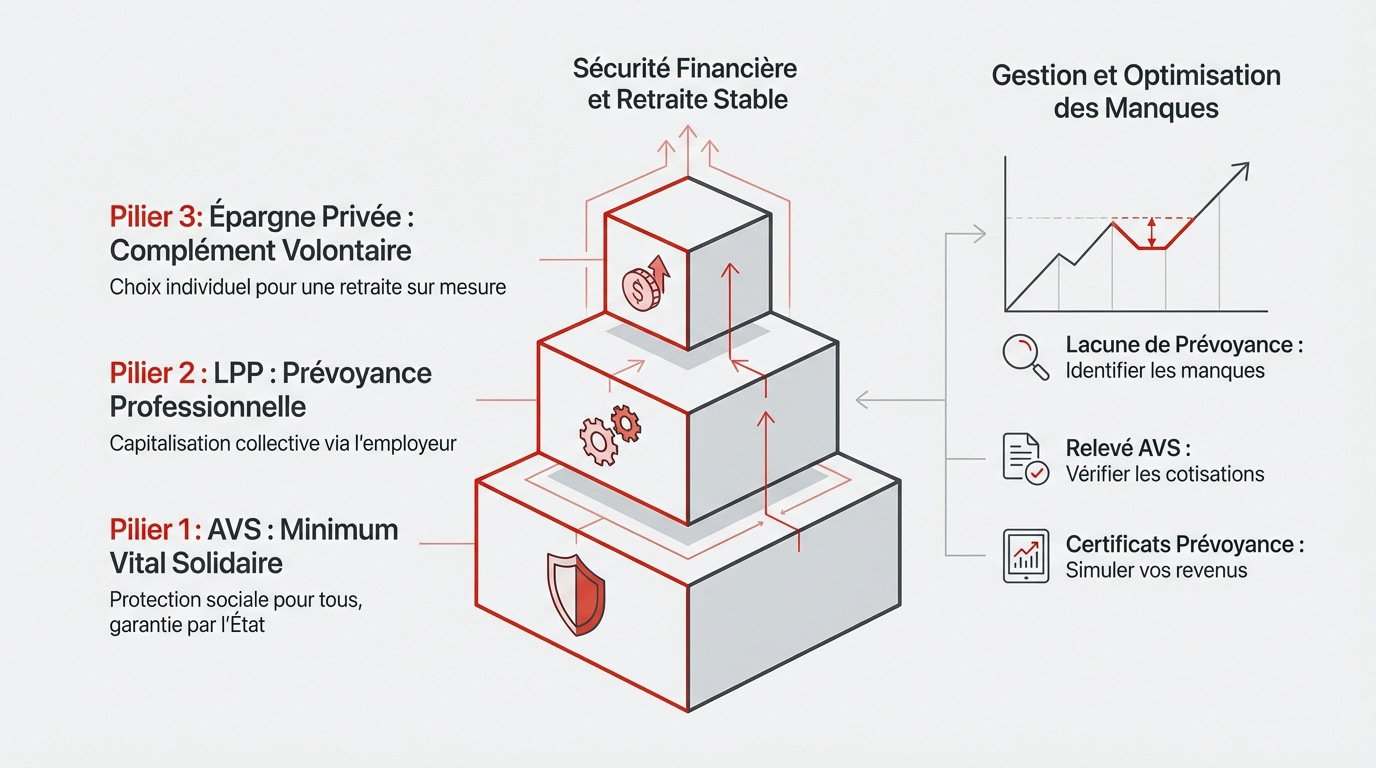 Schéma des trois piliers de la retraite en Suisse et gestion des lacunes de cotisation