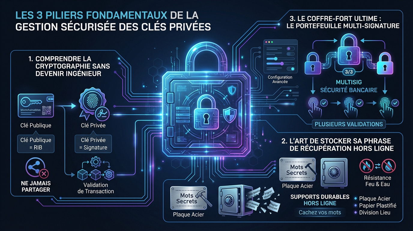 Infographie présentant les trois piliers de la sécurité des clés privées en cryptomonnaie