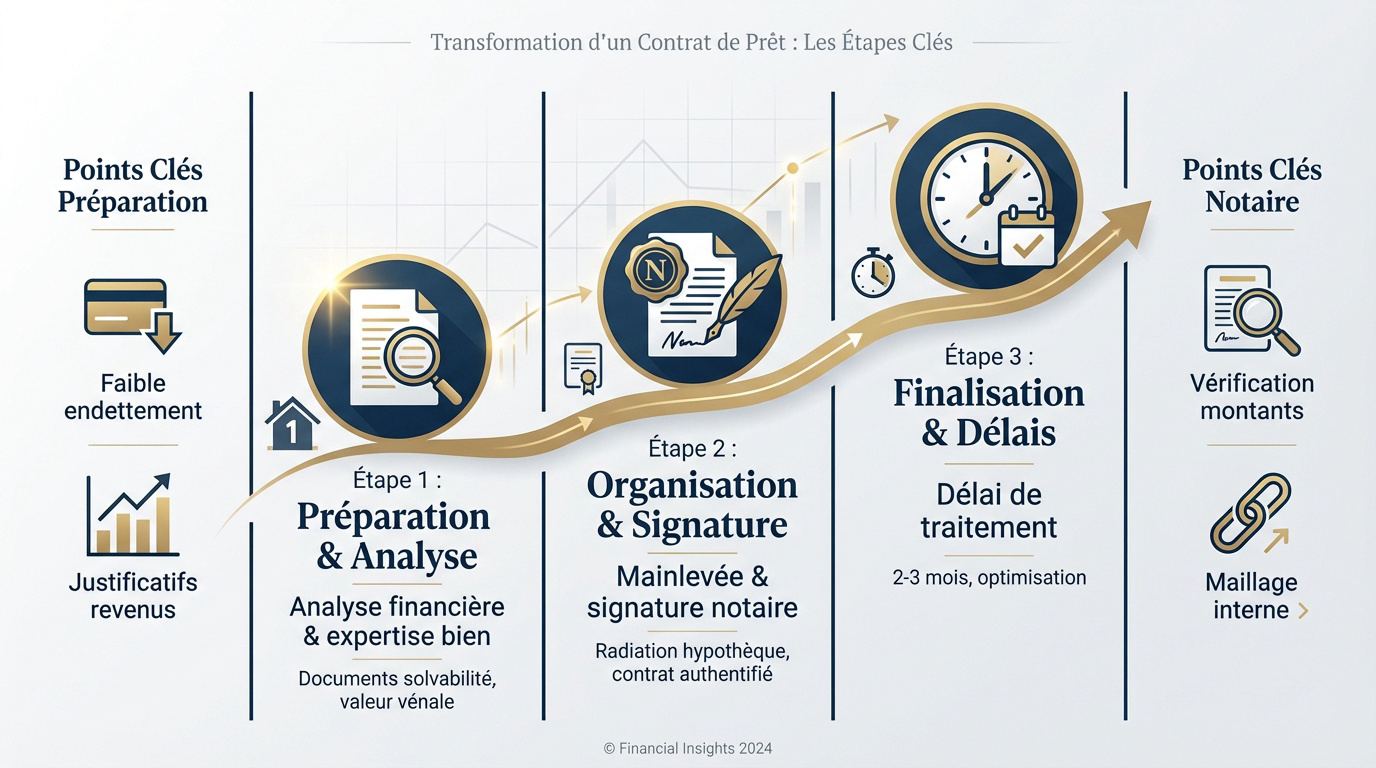 Infographie détaillant les étapes administratives et financières du rachat d'hypothèque