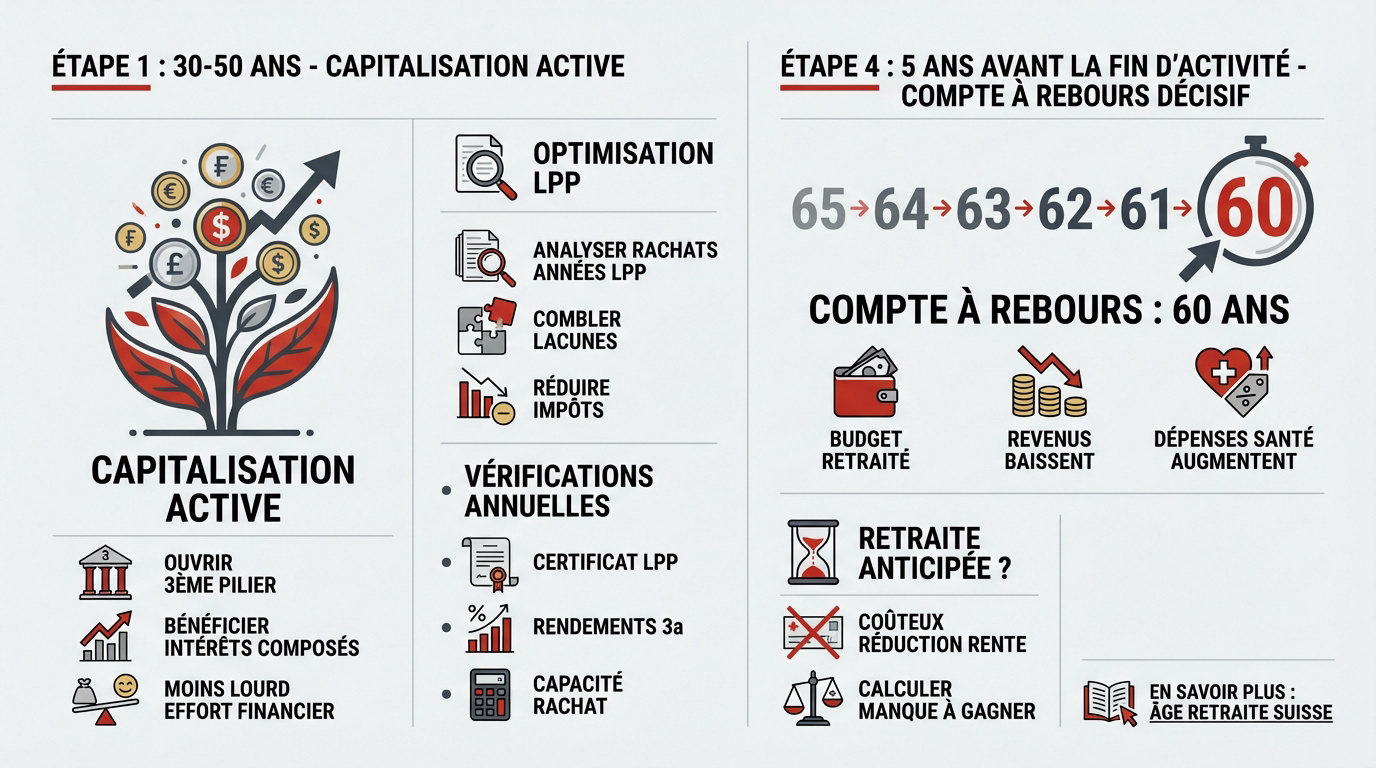 Graphique des étapes clés de la prévoyance en Suisse selon l'âge