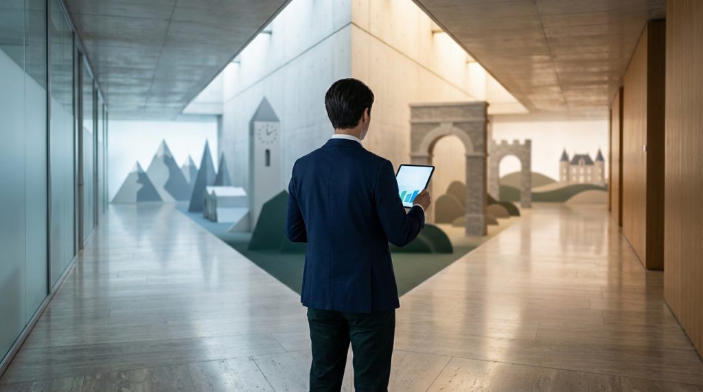 Un homme en costume consulte une tablette avec graphiques, faisant face à des paysages stylisés symbolisant des options de choix.