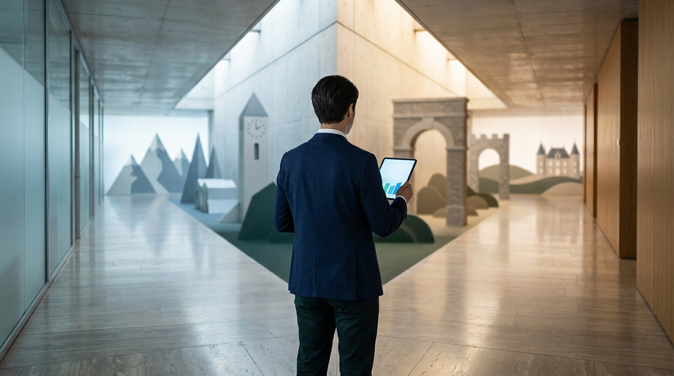 Un homme en costume consulte une tablette avec graphiques, faisant face à des paysages stylisés symbolisant des options de choix.