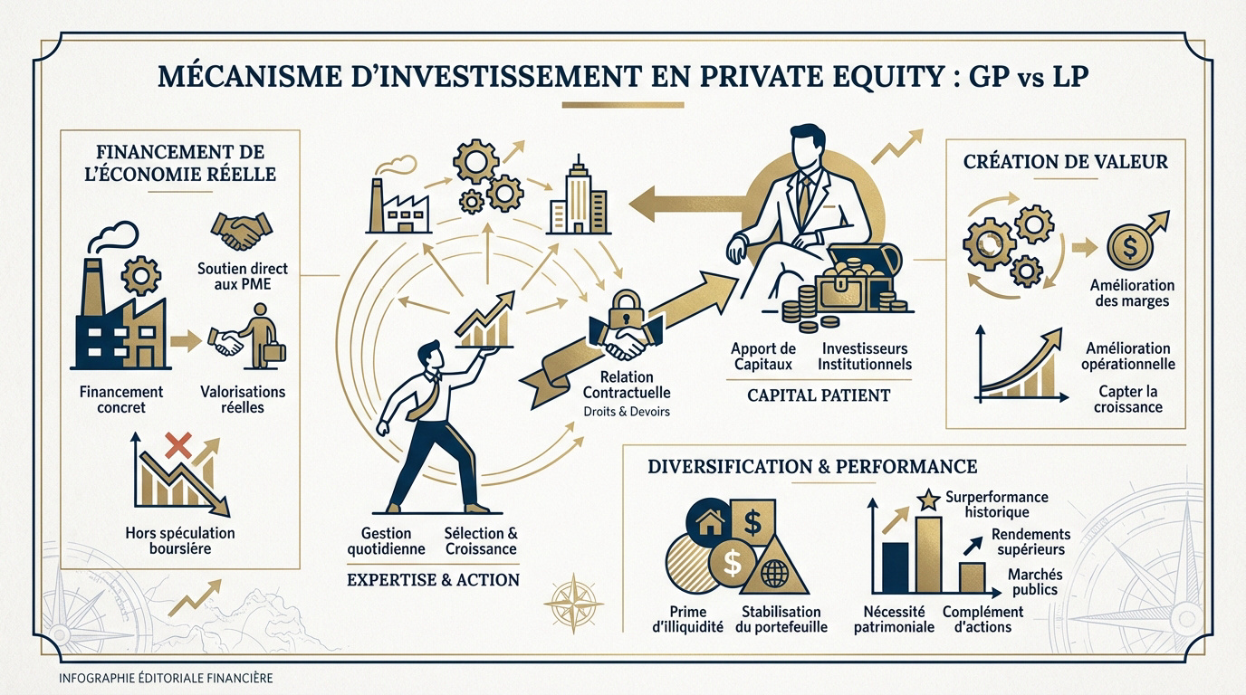 Schéma explicatif de la relation entre General Partners et Limited Partners en Private Equity