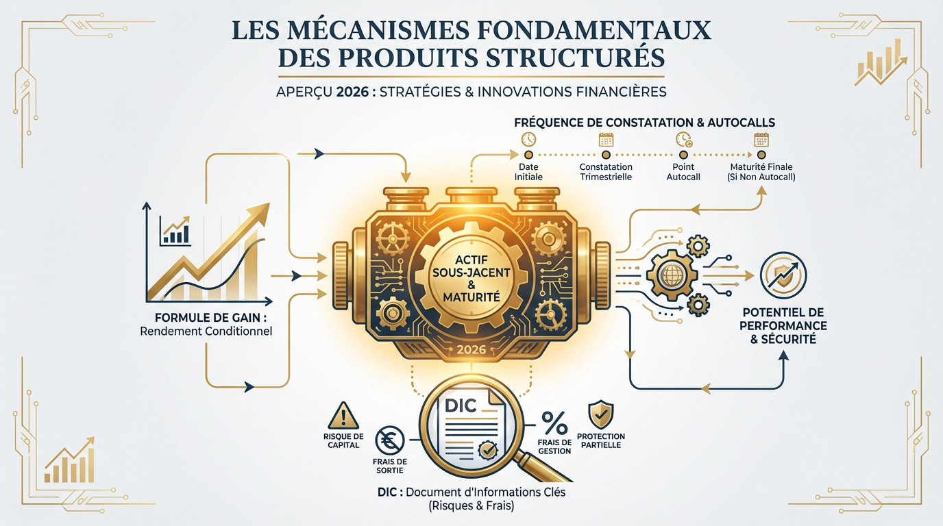 Schéma explicatif des mécanismes de rendement et de protection des produits structurés en 2026