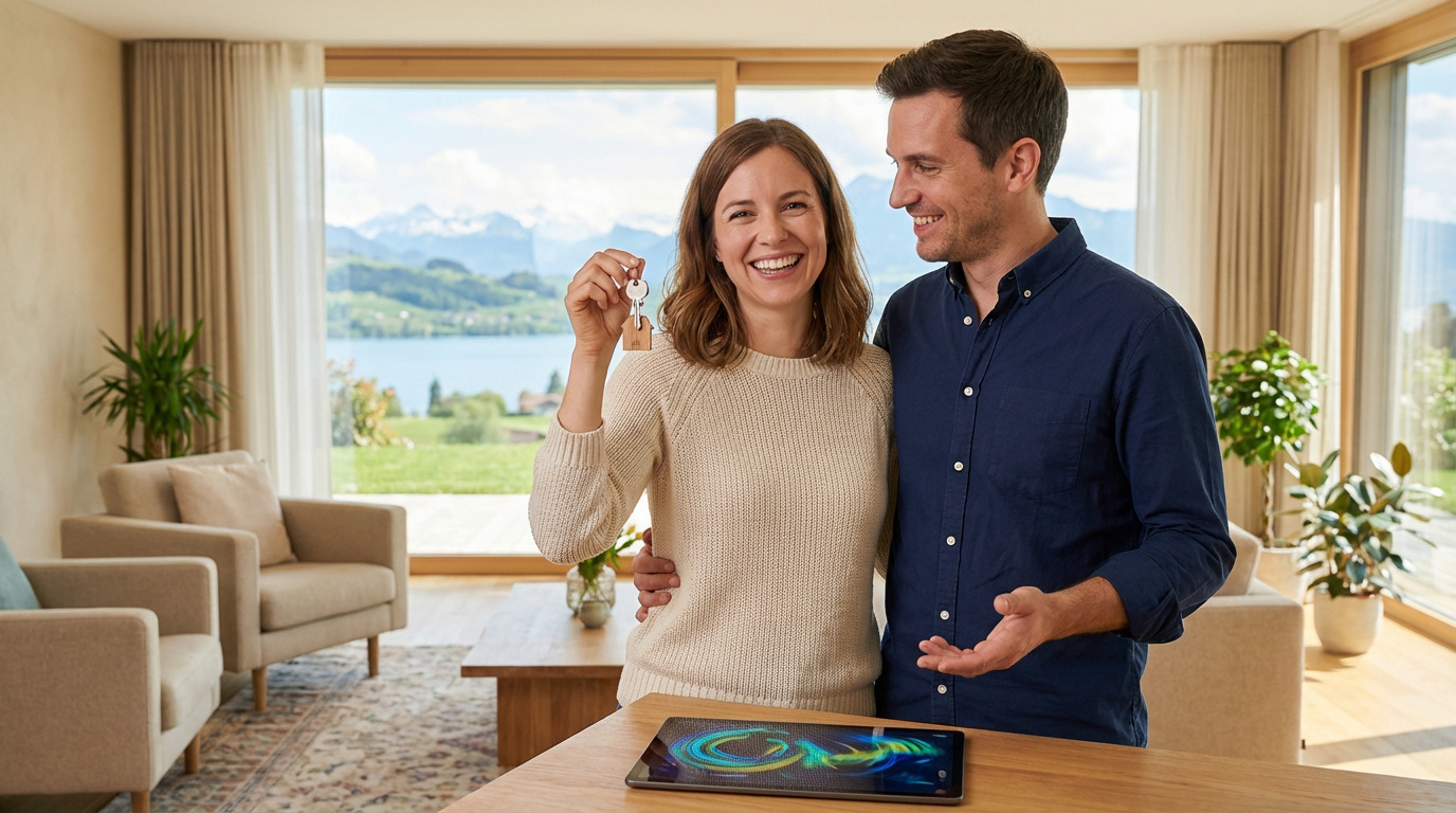 Couple souriant dans leur nouvelle maison moderne. La femme tient les clés, avec une vue magnifique sur un lac et les montagnes suisses.