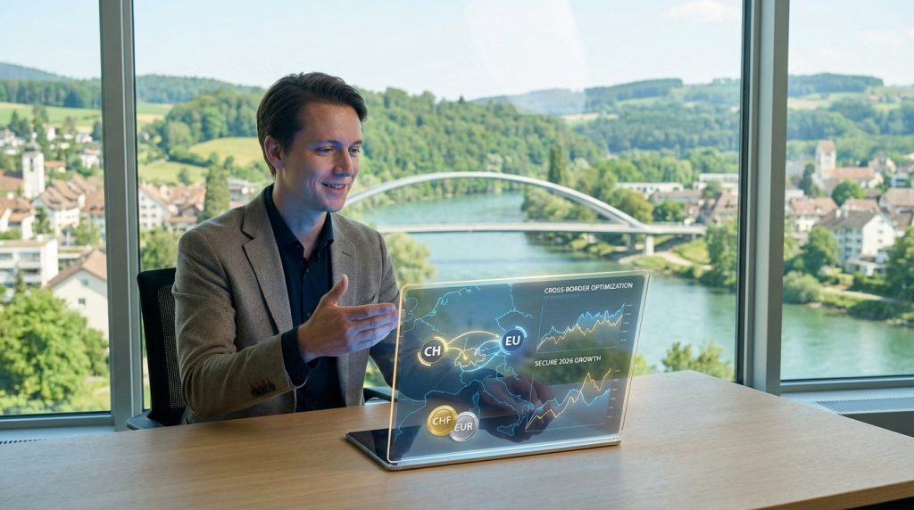 Un homme présente des données bancaires transfrontalières Suisse-UE et graphiques de croissance sur un écran futuriste.