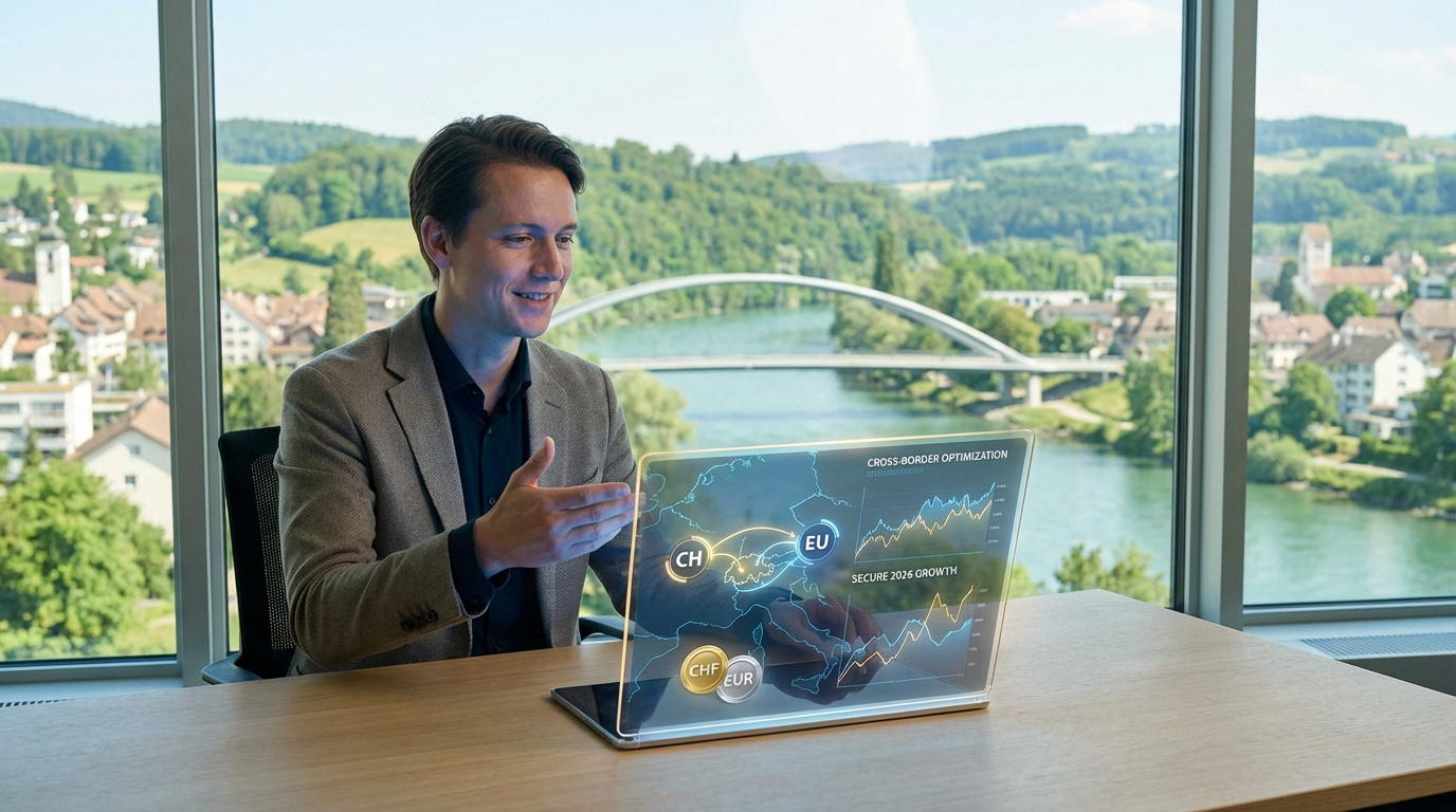 Un homme présente des données bancaires transfrontalières Suisse-UE et graphiques de croissance sur un écran futuriste.