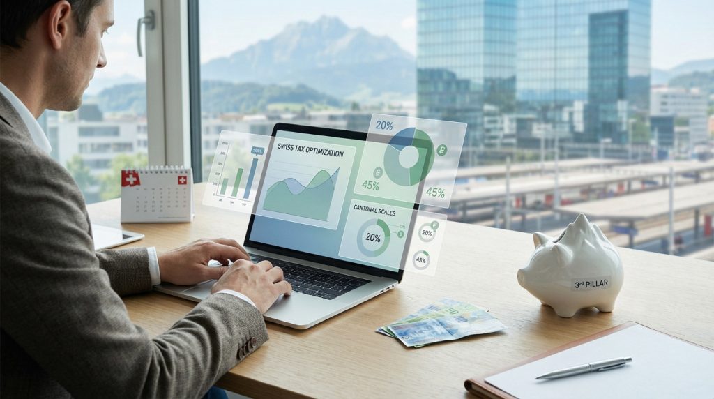 Homme consultant des graphiques d'optimisation fiscale suisse et cantonale sur un ordinateur portable. Billets CHF et tirelire 3e pilier sur le bureau.