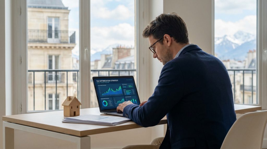 Un homme en lunettes travaille sur un portable affichant une stratégie fiscale, à côté d'une maisonnette en bois, avec vue sur ville et montagnes.
