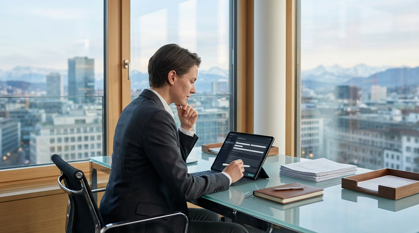 Une personne en costume remplit un formulaire numérique sur une tablette, dans un bureau moderne avec vue sur la ville et les montagnes.