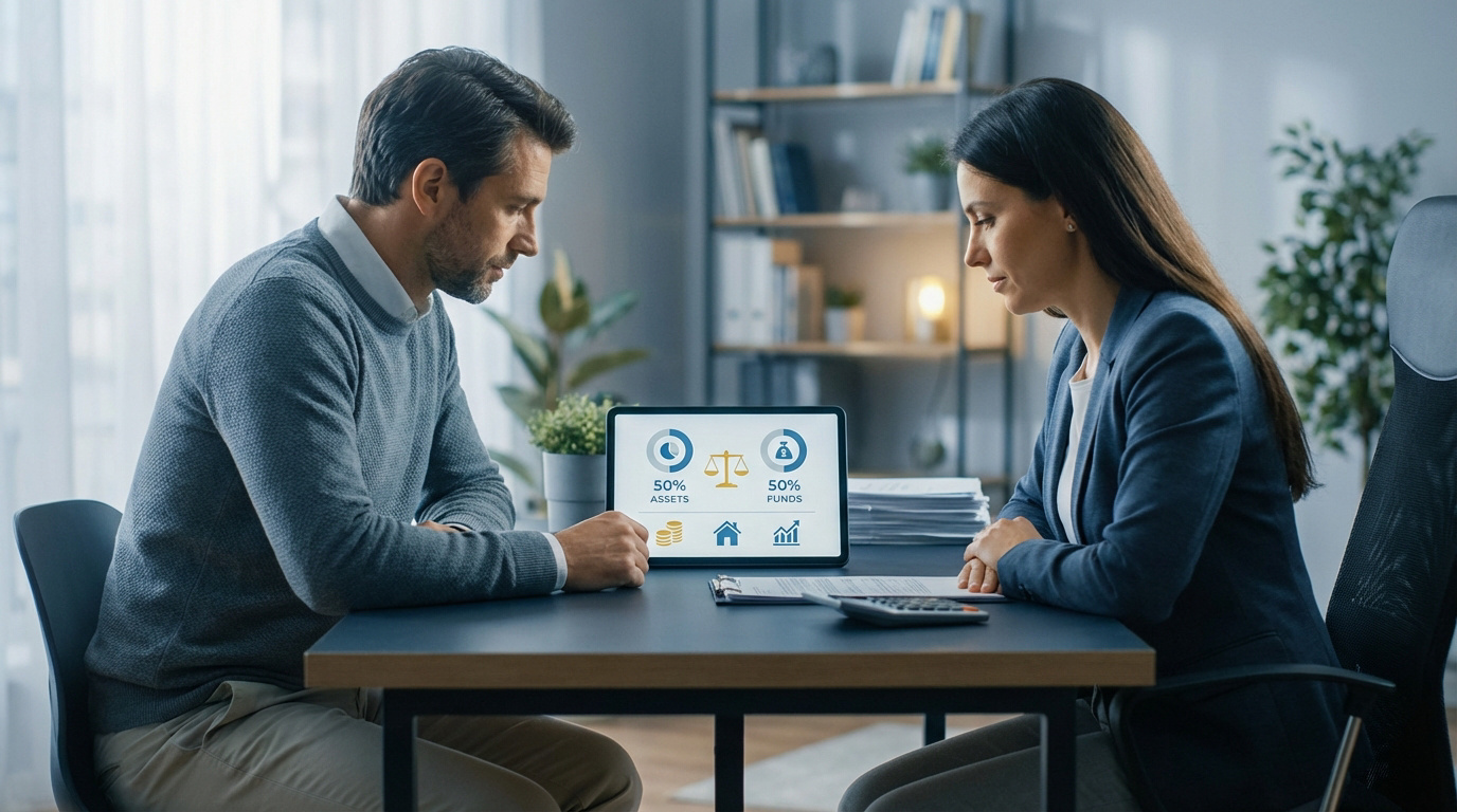 Deux personnes devant une tablette affichant 50% actifs et 50% fonds, avec une balance, illustrant le partage des biens.