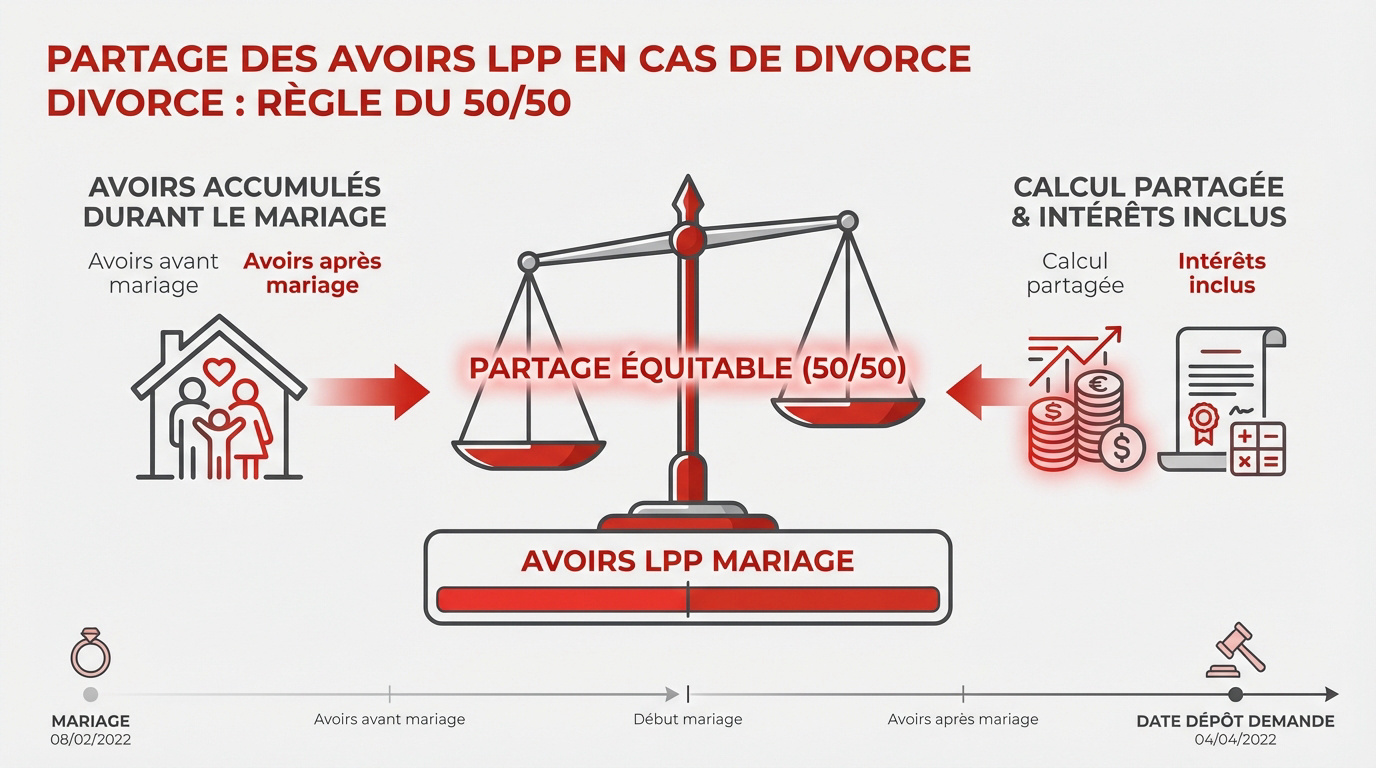 Illustration du partage des avoirs LPP lors d'un divorce en Suisse