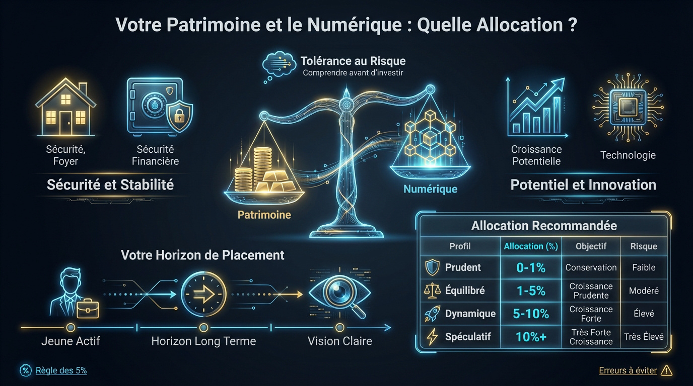 Graphique illustrant l'allocation du patrimoine entre actifs traditionnels et actifs numériques selon le profil de risque