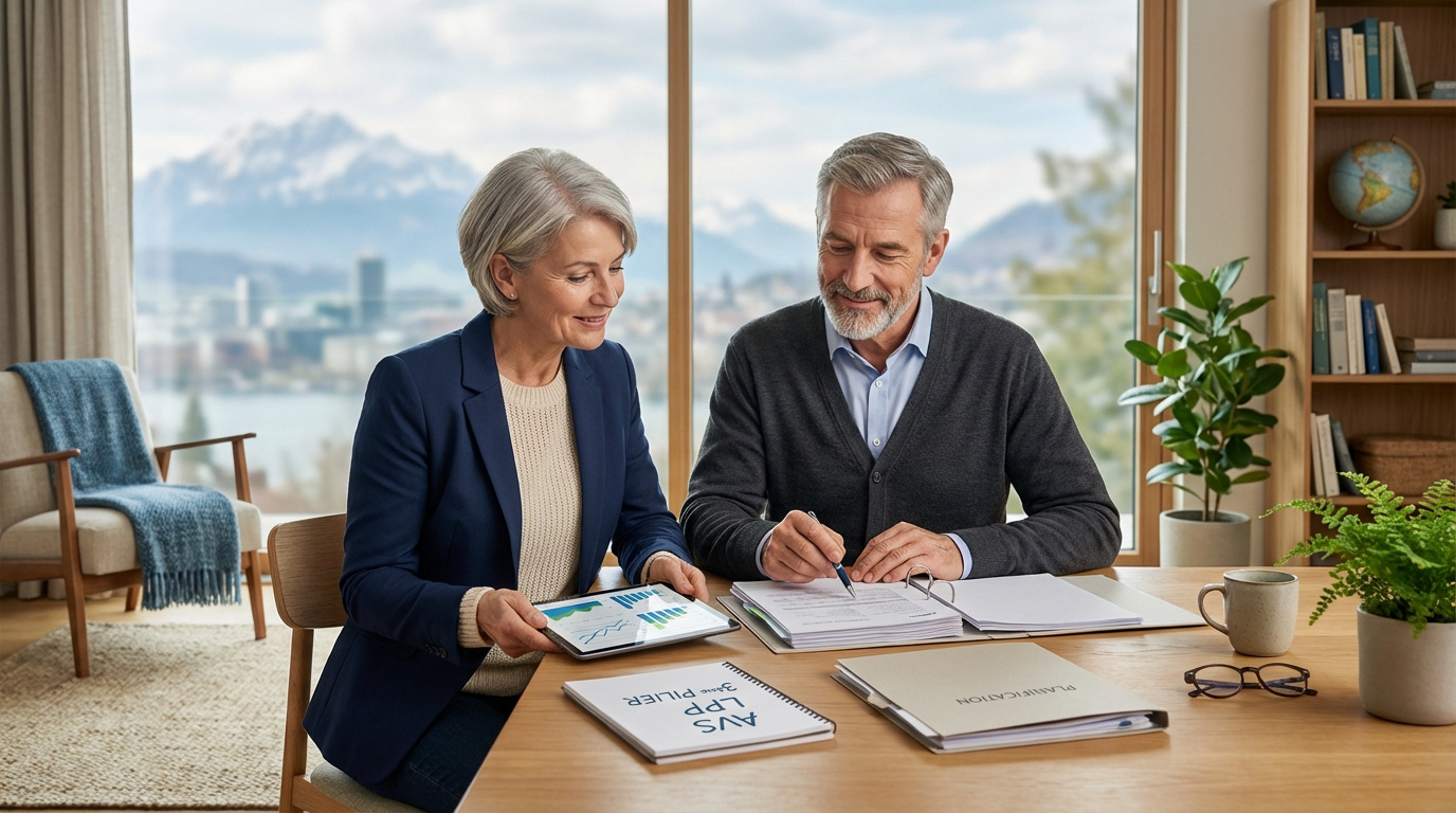 Couple senior discutant planification retraite suisse (AVS, LPP) avec documents et tablette, vue lac/montagnes.