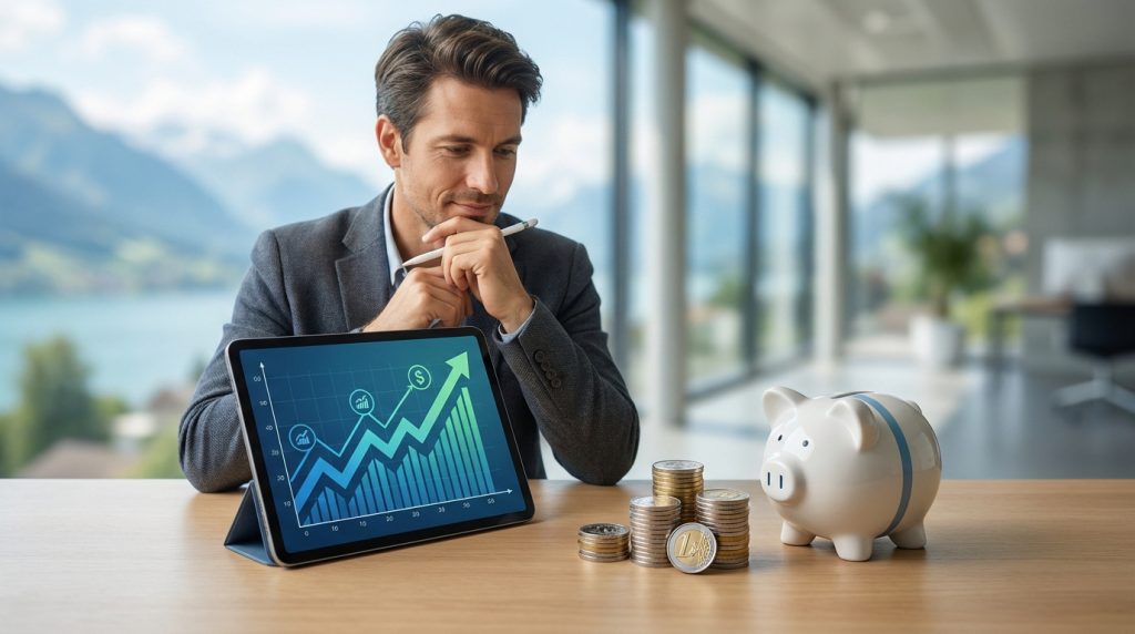 Homme analysant un graphique de croissance financière sur tablette, avec piles de pièces et une tirelire, symbolisant l'épargne.