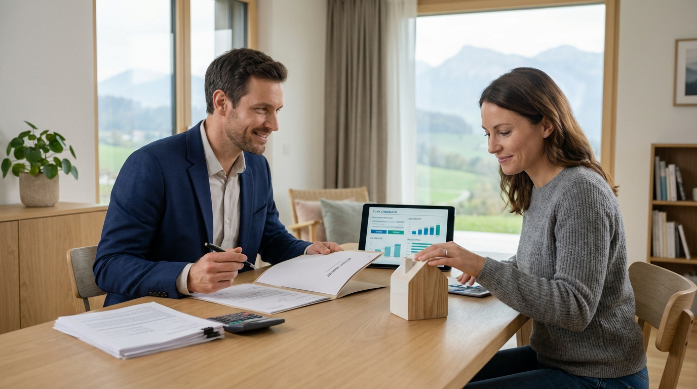 Un expert financier et une cliente discutent d'une hypothèque suisse devant une tablette affichant un plan et un modèle de maison.
