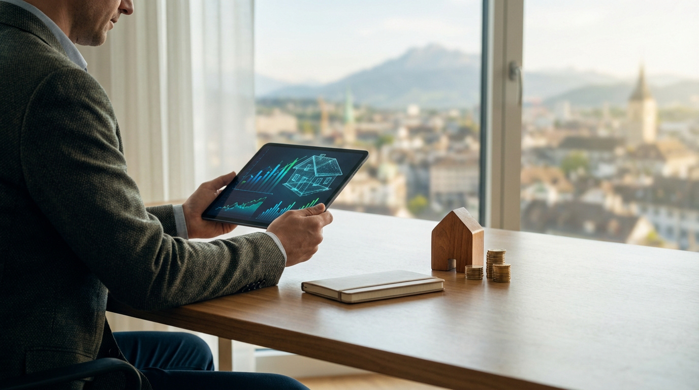 Un homme analyse des données financières et une maison 3D sur tablette, avec une maquette et des pièces sur le bureau, face à une vue urbaine.