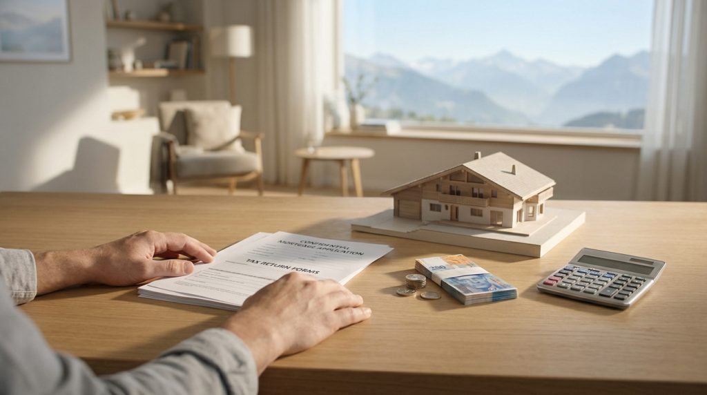 Mains sur formulaires d'hypothèque et fiscaux, maquette de maison, francs suisses, calculatrice. Vue montagneuse en fond.
