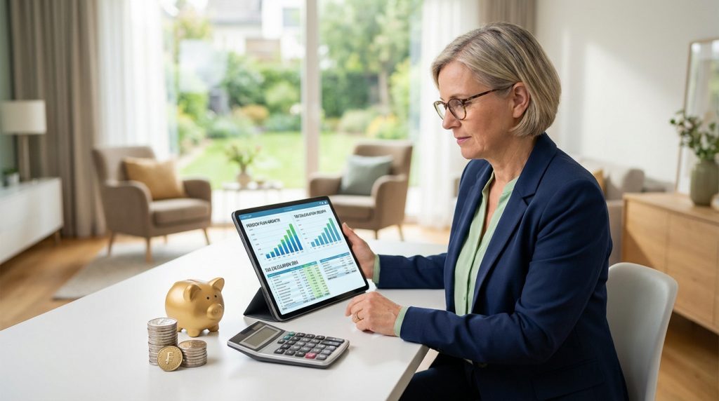 Femme d'âge mûr étudiant des graphiques financiers sur tablette, à côté d'une tirelire, de pièces de monnaie et d'une calculatrice, pour optimiser sa retraite LPP.