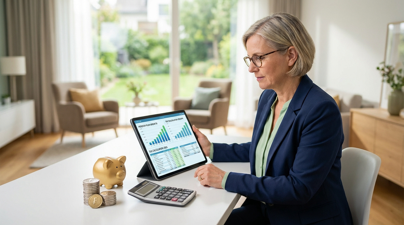 Femme d'âge mûr étudiant des graphiques financiers sur tablette, à côté d'une tirelire, de pièces de monnaie et d'une calculatrice, pour optimiser sa retraite LPP.