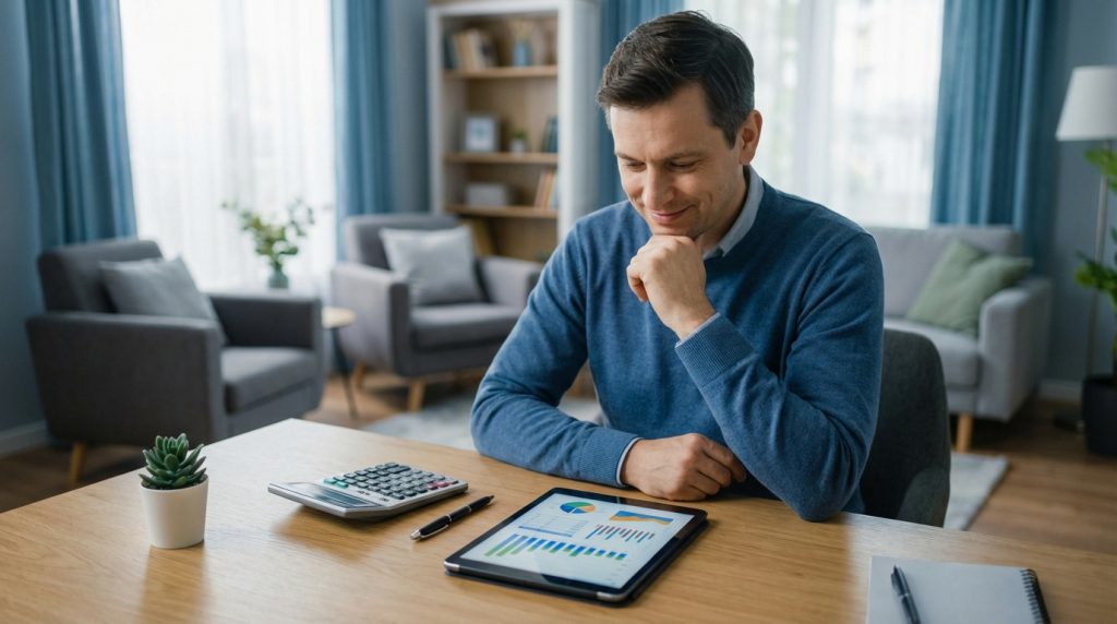 Un homme souriant et pensif examine des graphiques financiers sur une tablette à son bureau.