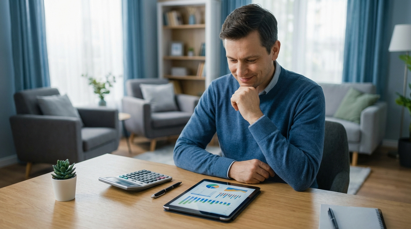 Un homme souriant et pensif examine des graphiques financiers sur une tablette à son bureau.